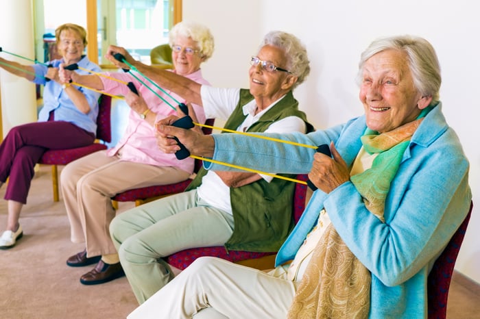 Seniors w Workout Bands - iStock-509731976